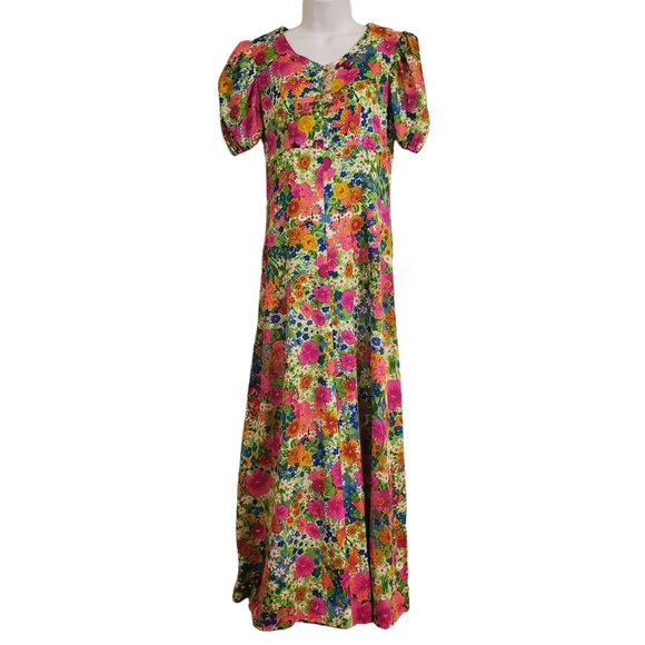 Vintage Maxi Dress Bright Floral Print V Neck Long Modest Cosplay Costume - Picture 1 of 5